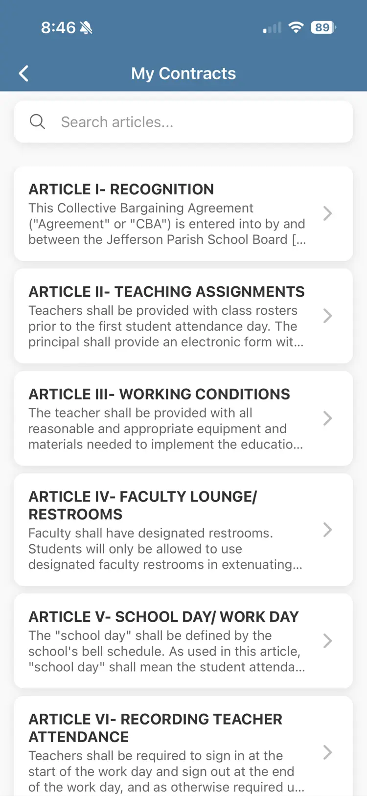 UnionConnect app - Contract articles