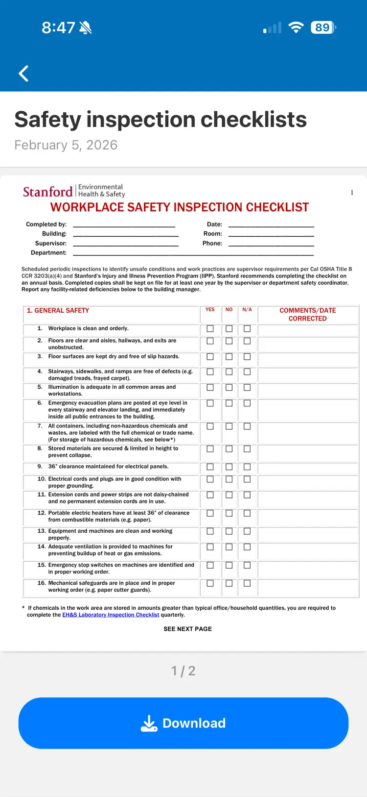 UnionConnect app - Safety inspection checklist