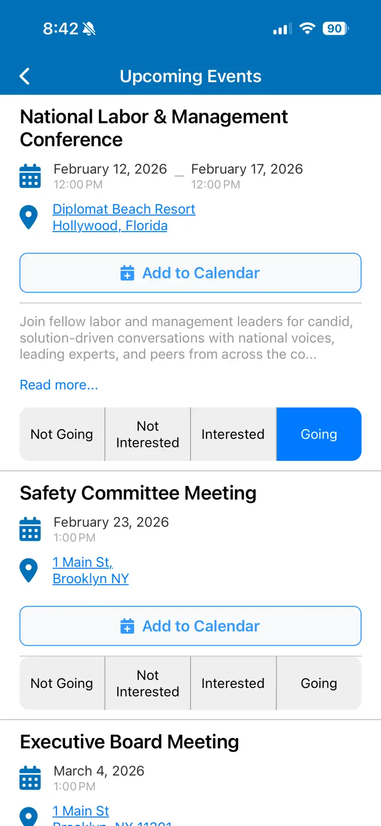 UnionConnect app - Upcoming events